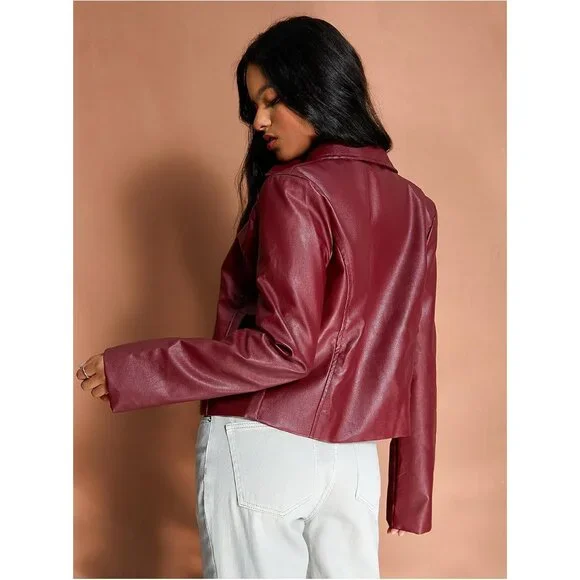 ⚡Women's Red Crop Faux Leather Jacket Vintage Long Sleeve Collar Zip Up Biker - Picture 2 of 6